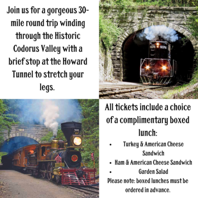 Join us for a gorgeous 30-mile round trip behind GP9 #6076 winding through the Historic Codorus Valley with a brief stop at the Howard Tunnel to stretch your legs.
